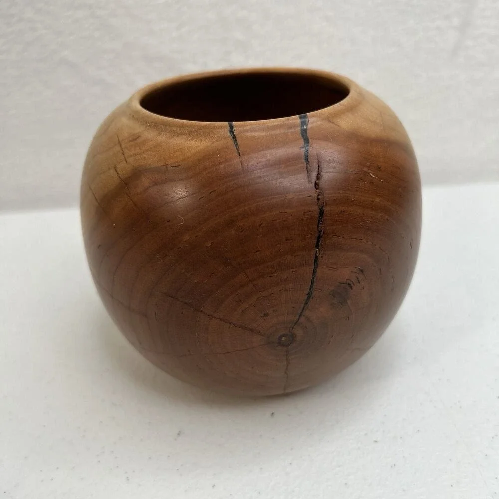 Wooden Mid Century Modern Hand Carved‎ Round Hollow Form Wood Vase Crown Sign